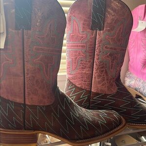 Brown and Pink Western Boots with Blue Stitching